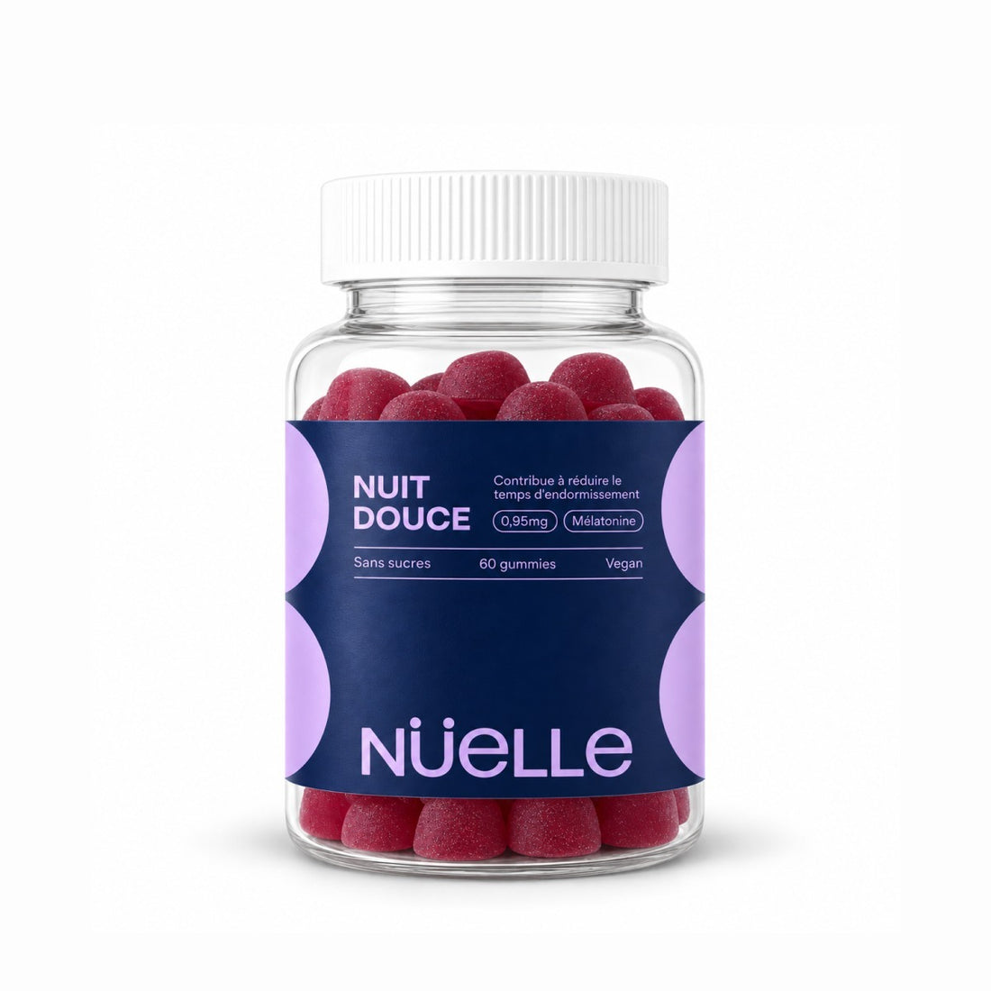 Pot de gommes NUIT DOUCE de NÜELLE, gommes rouges à la mélatonine, sur fond clair