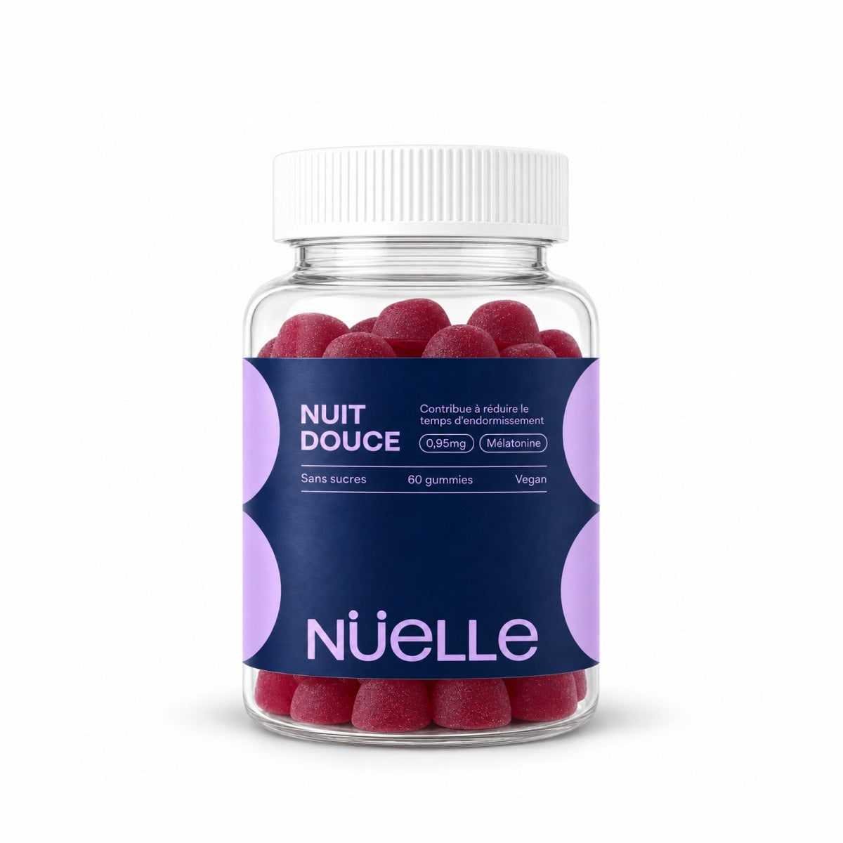 Pot de gommes NUIT DOUCE de NÜELLE, gommes rouges à la mélatonine, sur fond clair