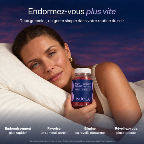 Femme allongée sur un oreiller tenant le pot NUIT DOUCE, avec le titre « Endormez-vous plus vite »