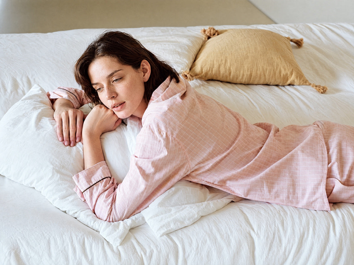 Femme en pyjama rose allongée sur un lit blanc, la tête appuyée sur sa main, le regard dans le vague